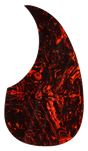 The image shows a teardrop-shaped guitar pickguard designed for acoustic guitars, featuring a marbled tortoiseshell pattern in dark red, orange, and black. Made from a durable synthetic material, it protects the guitar’s finish from scratches while adding a bold, flame-like visual appeal that complements most guitar finishes.