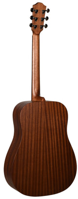The image shows the back of an acoustic guitar with a wooden body featuring rich, warm brown grain, likely mahogany, with a matte or satin finish. The headstock has six black tuning pegs in a 3+3 layout. The neck extends from the headstock to the dreadnought-shaped body. This traditional steel-string guitar displays quality craftsmanship, suitable for both amateur and professional musicians.