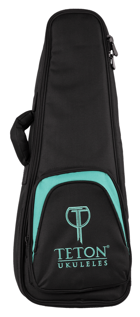 The image shows a black Teton Ukuleles gig bag with teal accents and the Teton logo on the front pocket. It features a padded soft-shell design, a full-length zipper, and a carrying handle. The sleek, modern case is lightweight and portable, designed to protect and transport ukuleles while prominently displaying the stylized "T" logo above the company name.