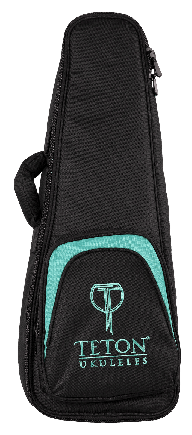 The image shows a black Teton Ukuleles gig bag with teal accents and the Teton logo on the front pocket. It features a padded soft-shell design, a full-length zipper, and a carrying handle. The sleek, modern case is lightweight and portable, designed to protect and transport ukuleles while prominently displaying the stylized "T" logo above the company name.
