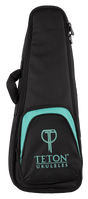 The image shows a black Teton Ukuleles gig bag with teal accents and the Teton logo on the front pocket. It features a padded soft-shell design, a full-length zipper, and a carrying handle. The sleek, modern case is lightweight and portable, designed to protect and transport ukuleles while prominently displaying the stylized "T" logo above the company name.