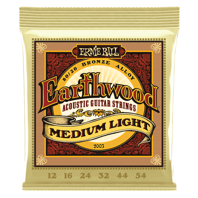 A package of Ernie Ball Earthwood guitar strings on a transperent background