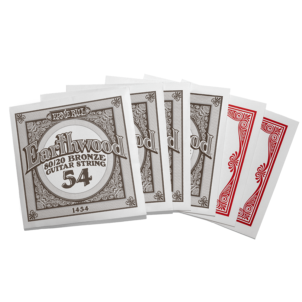 Individually packaged acoustic guitar strings with Ernie Ball Earthwood branding on a transparent background