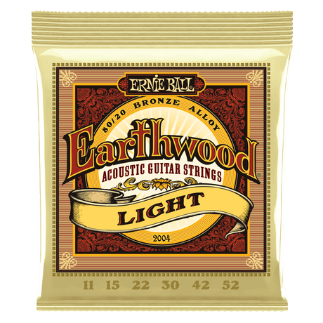 A package of Ernie Ball Earthwood guitar strings on a transparent background