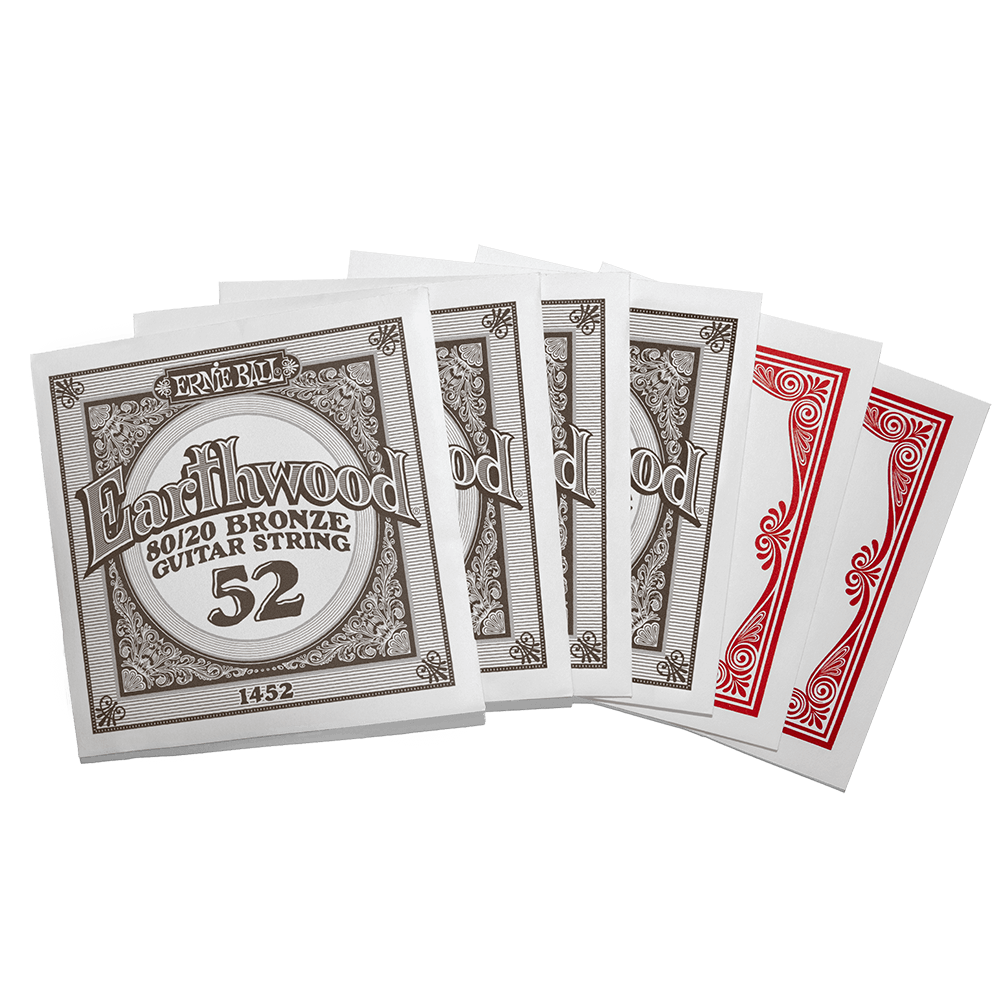 Individually packaged acoustic guitar strings with Ernie Ball Earthwood branding on a transparent background