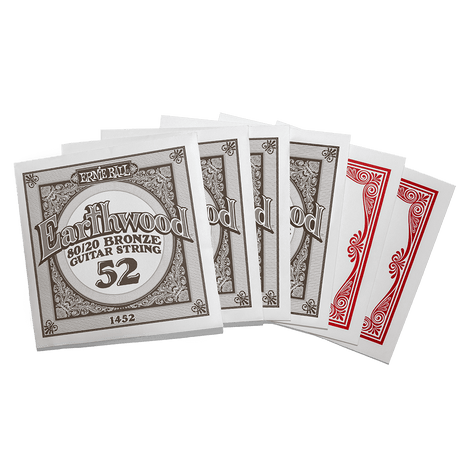 Individually packaged acoustic guitar strings with Ernie Ball Earthwood branding on a transparent background