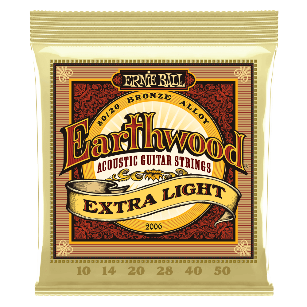 A package of Ernie Ball Earthwood acoustic guitar strings on a transparent background