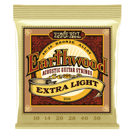 A package of Ernie Ball Earthwood acoustic guitar strings on a transparent background
