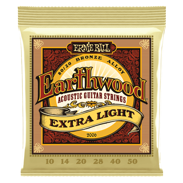 A package of Ernie Ball Earthwood acoustic guitar strings on a transparent background