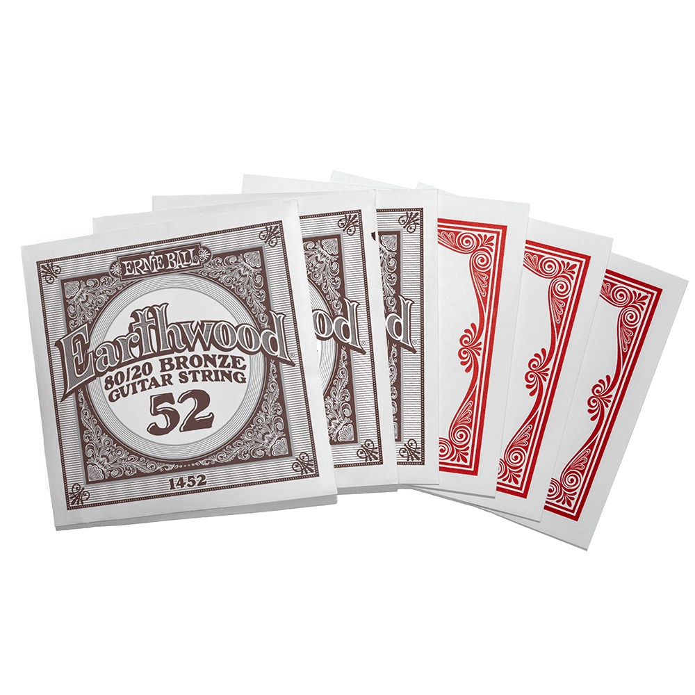 Individually packaged acoustic guitar strings with Ernie Ball Earthwood branding on a transparent background