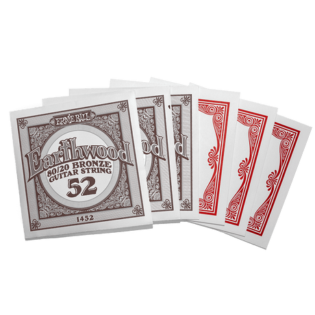 Individually packaged acoustic guitar strings with Ernie Ball Earthwood branding on a transparent background