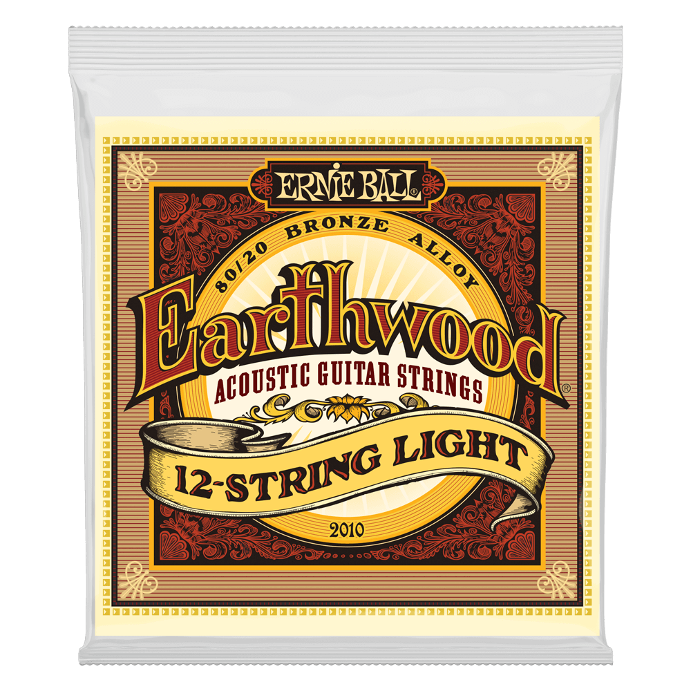 A package of 12-string acoustic guitar string with Ernie Ball Earthwood branding on a transparent background
