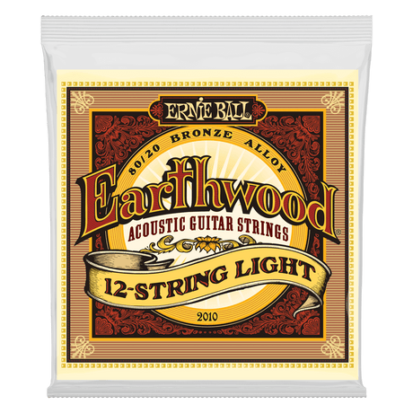 A package of 12-string acoustic guitar string with Ernie Ball Earthwood branding on a transparent background
