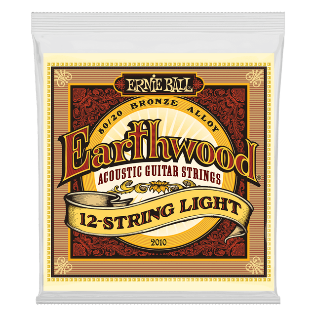A package of 12-string acoustic guitar string with Ernie Ball Earthwood branding on a transparent background