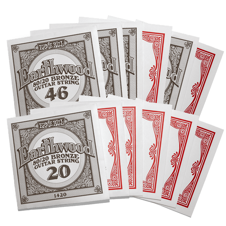 Individually packaged guitar strings with Ernie Ball Earthwood branding on a transparent background