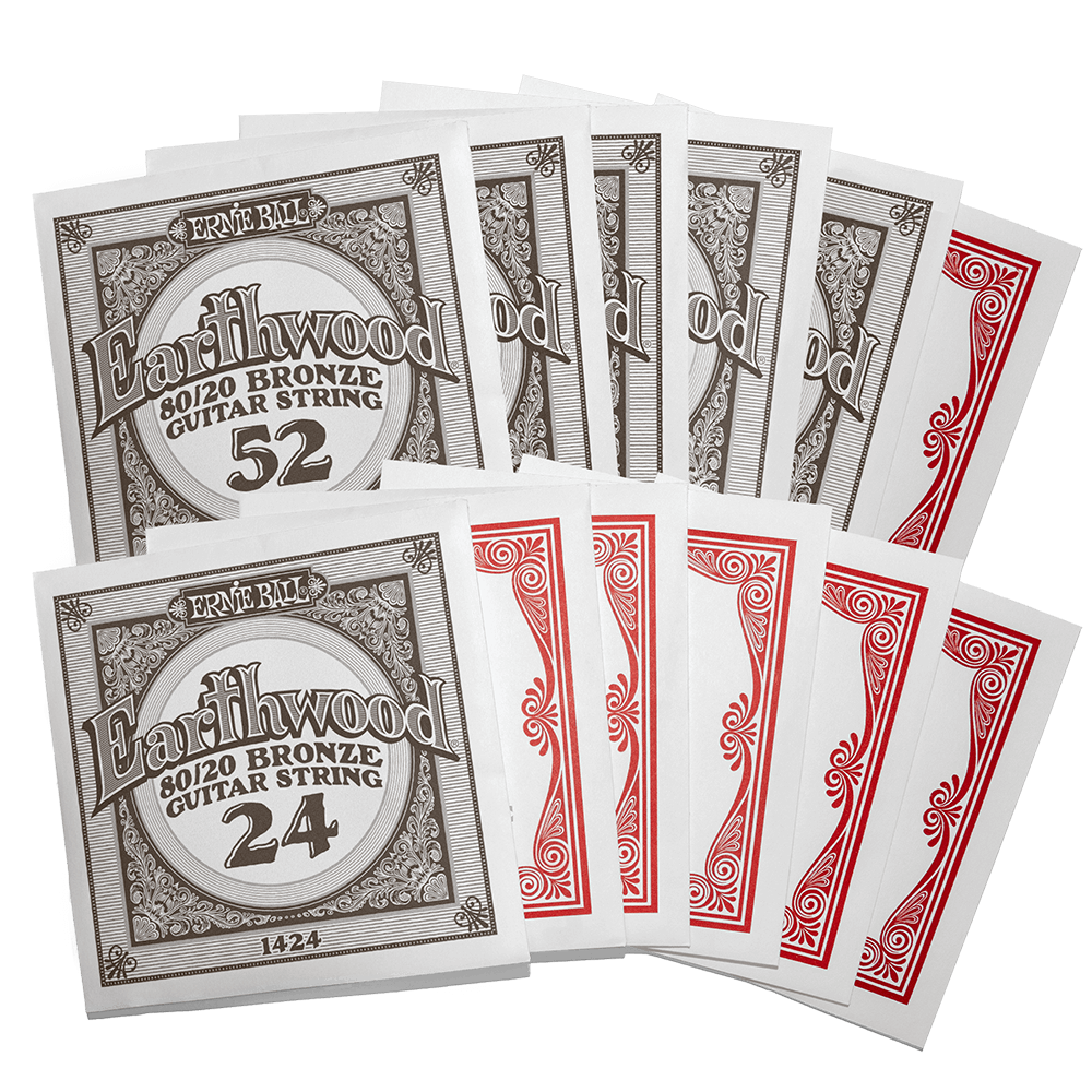Ernie Ball Earthwood guitar string packages with different numbers on a white background