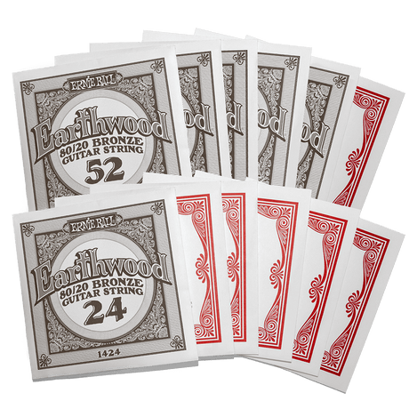 Ernie Ball Earthwood guitar string packages with different numbers on a white background