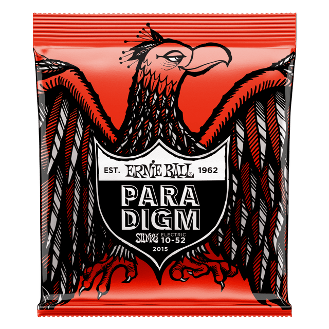 Ernie Ball Paradigm guitar string package with an eagle design on a red background