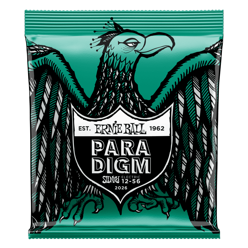 A package of Ernie Ball Paradigm guitar strings with eagle artwork on a green background