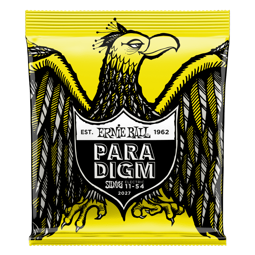 A package of Ernie Ball Paradigm guitar strings with eagle artwork on a yellow background