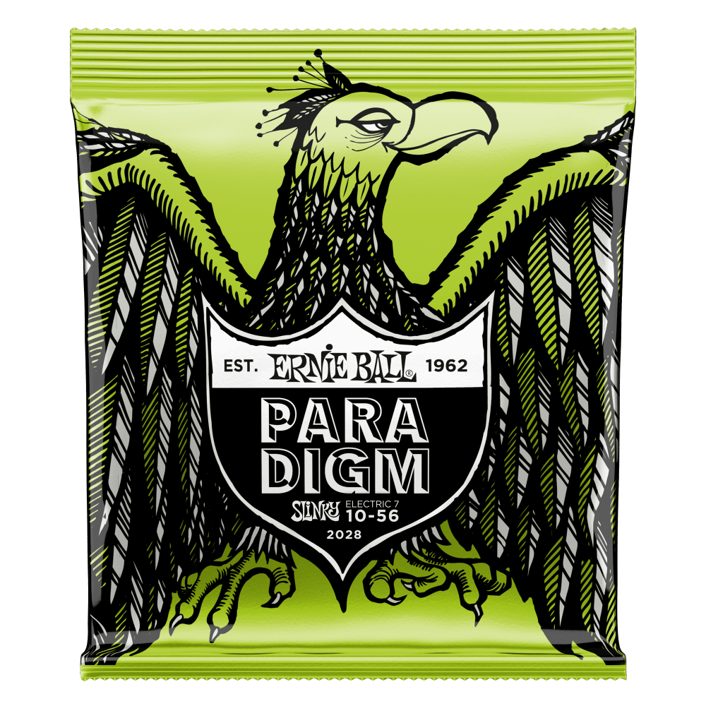 A package of Ernie Ball Paradigm electric guitar strings with eagle artwork on a light green background