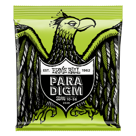 A package of Ernie Ball Paradigm electric guitar strings with eagle artwork on a light green background