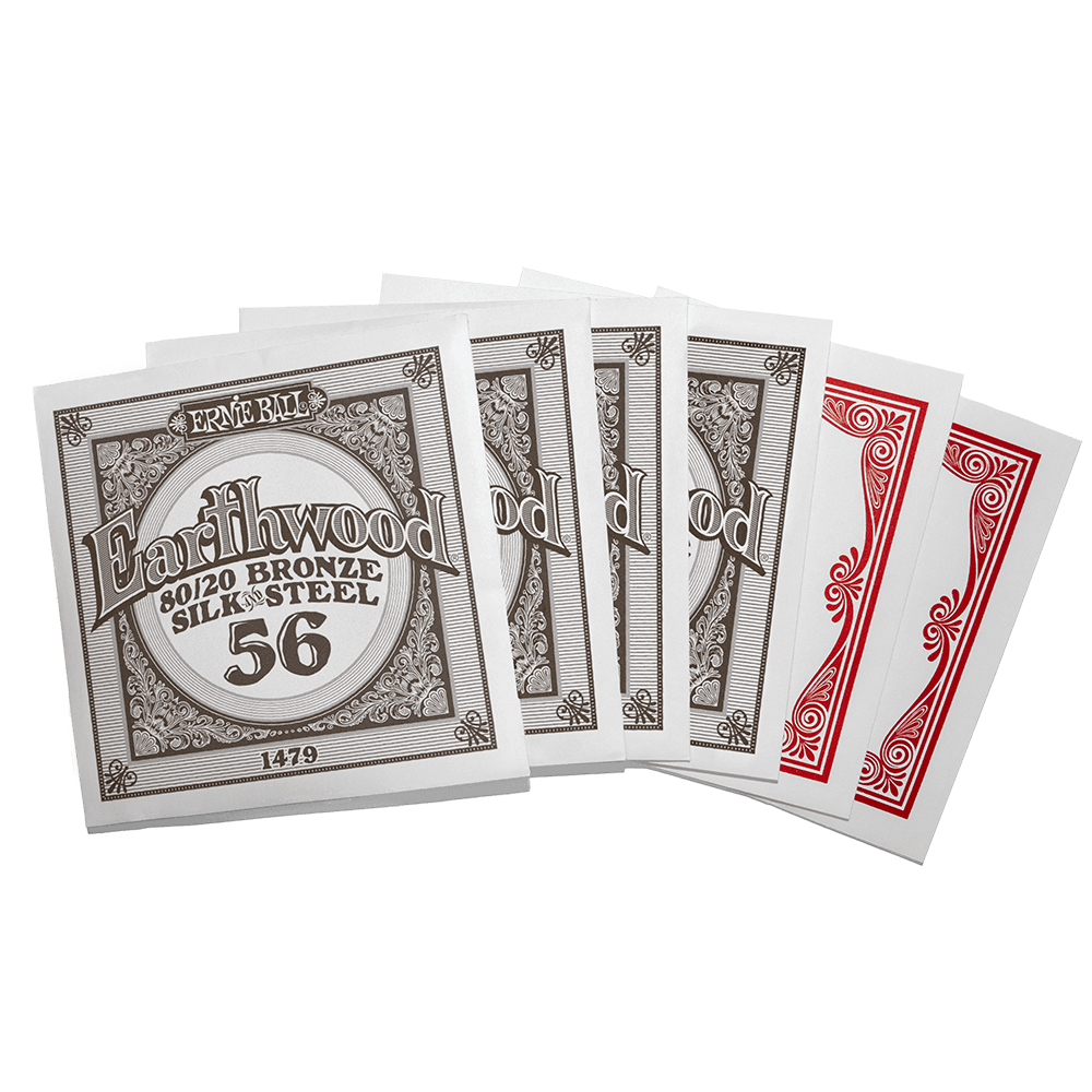 Individually packaged guitar strings with Ernie Ball Earthwood branding on a transparent background