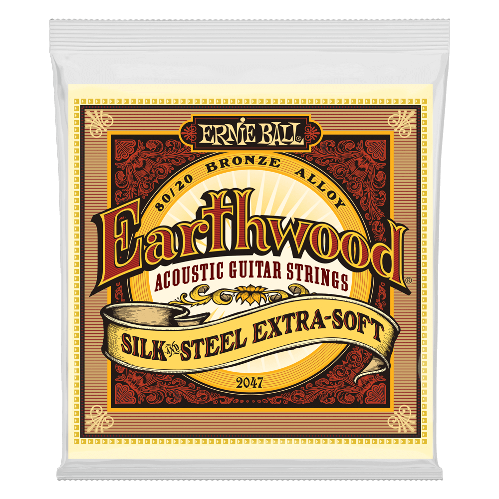 A package of Ernie Ball Earthwood guitar strings on a transparent background
