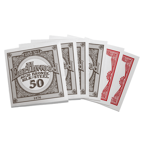 Individually packed guitar strings with Ernie Ball Earthwood branding on a transparent background
