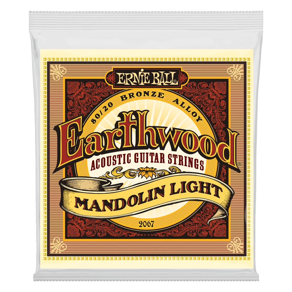 A package of Ernie Ball Earthwood mandolin strings on a transparent background