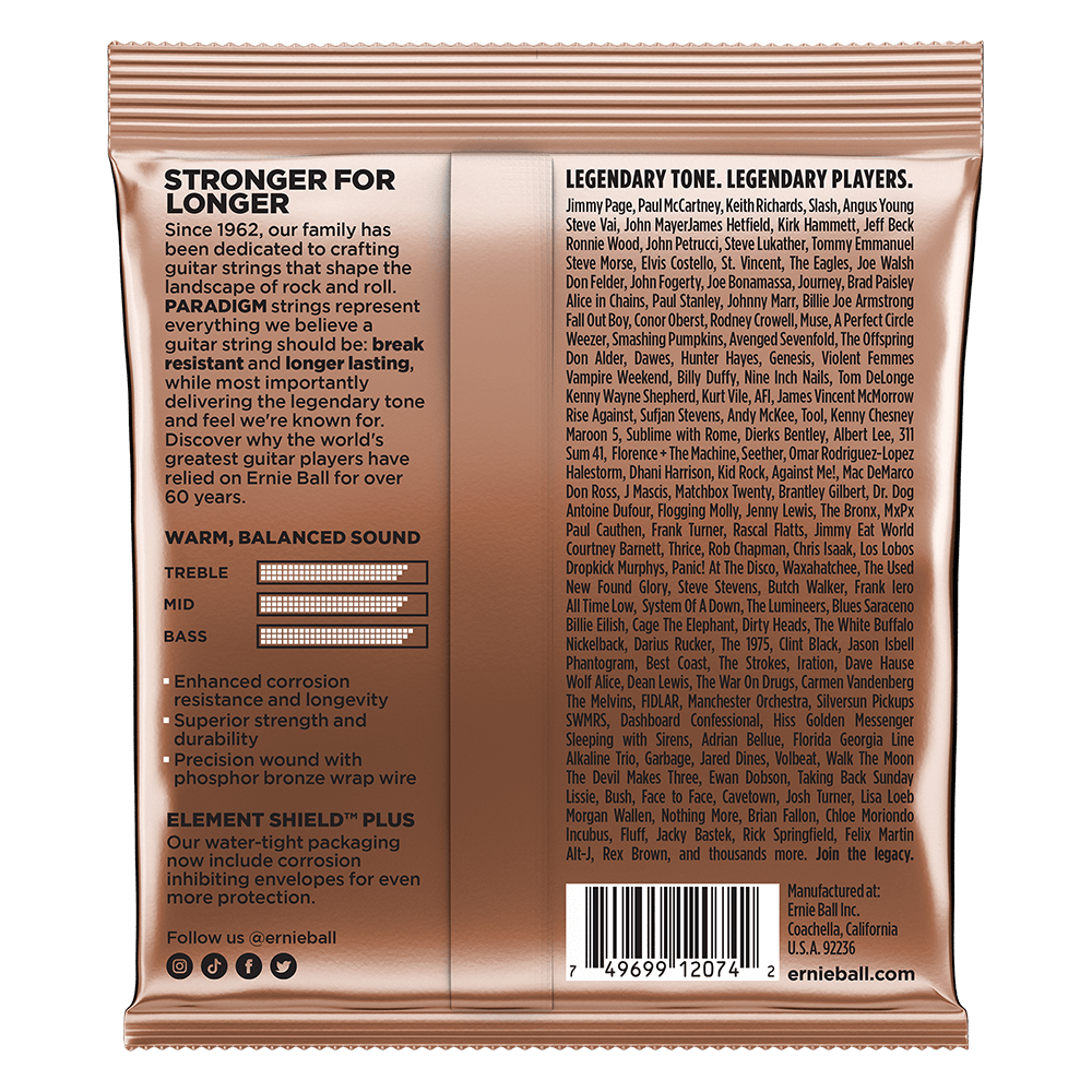 Ernie Ball Paradigm string packaging with detailed information on a white background