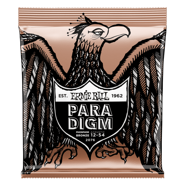 Ernie Ball Paradigm guitar string package with an eagle design on a black background