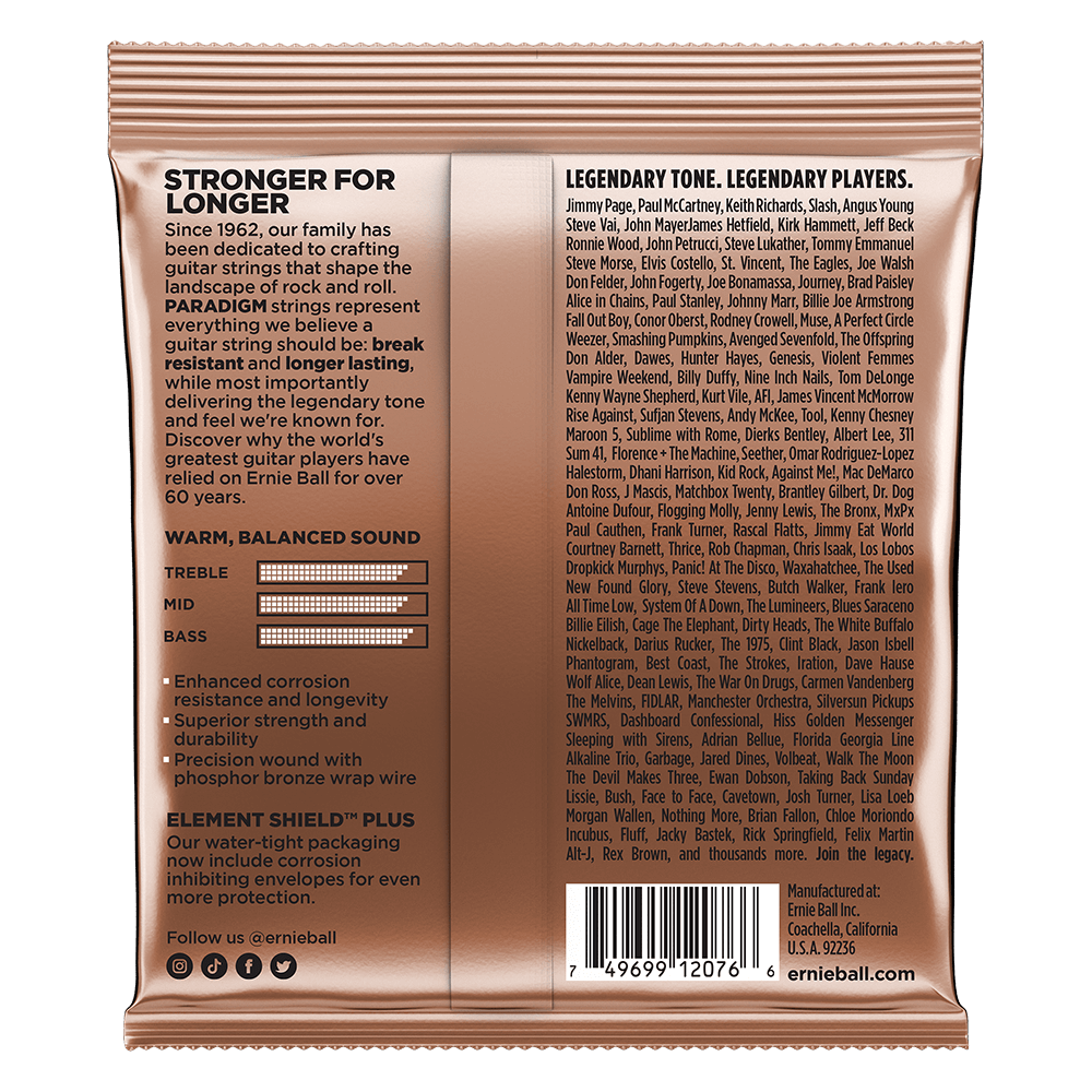 Back of Ernie Ball guitar string packaging with text and branding