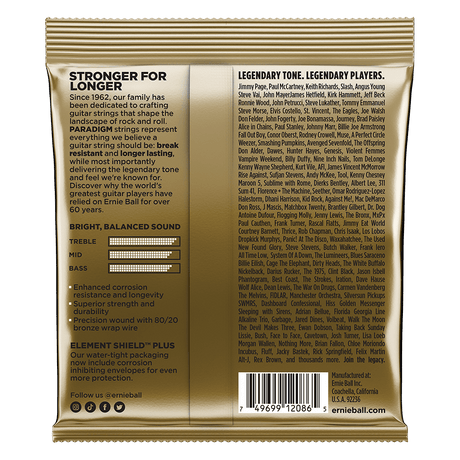 Paradigm guitar strings packaging with text and branding on a black background