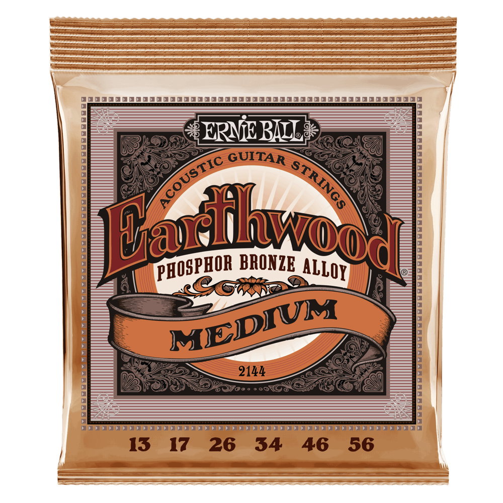 Ernie Ball Earthwood acoustic guitar strings packaging on a black background