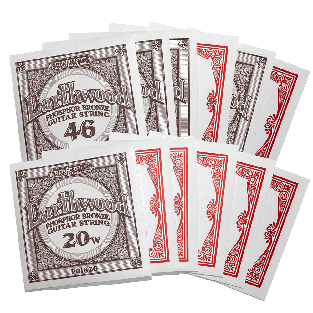 Earthwood phosphor bronze guitar string packages on a white background