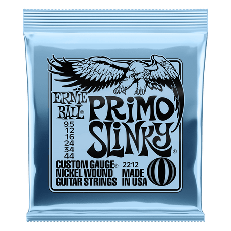 Ernie Ball Primo Slinky guitar strings packaging with an eagle logo on a clear background