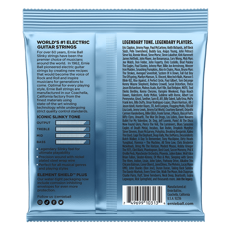 Back of a guitar string packaging with text and branding