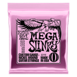 Pink packaging of Ernie Ball Mega Slinky guitar strings with an eagle logo.