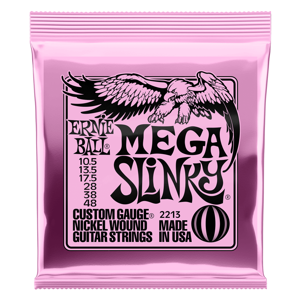 Pink packaging of Ernie Ball Mega Slinky guitar strings with an eagle logo.
