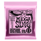 Pink packaging of Ernie Ball Mega Slinky guitar strings with an eagle logo.
