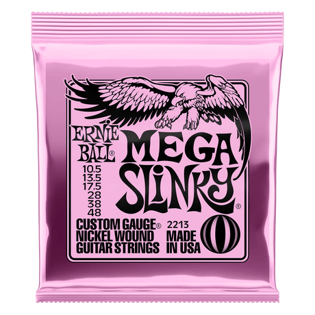 Pink packaging of Ernie Ball Mega Slinky guitar strings with an eagle logo.