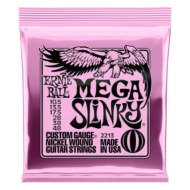 Pink packaging of Ernie Ball Mega Slinky guitar strings with an eagle logo.