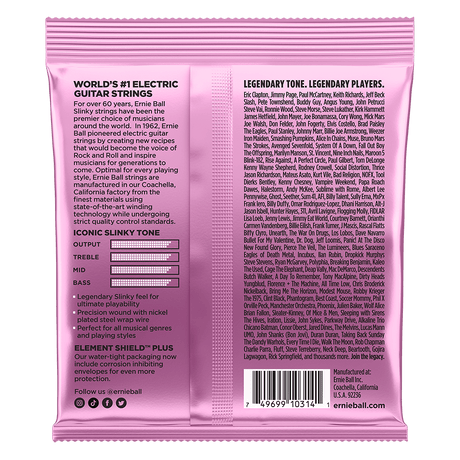 Pink guitar string packaging with text on a white background