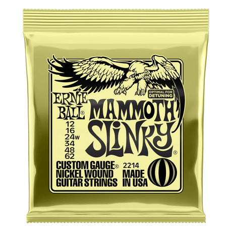 Ernie Ball Mammoth Slinky guitar string package on a black background