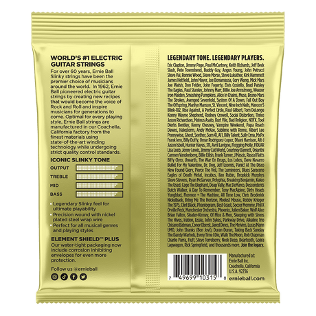 Ernie Ball electric guitar strings packaging with product details and branding.