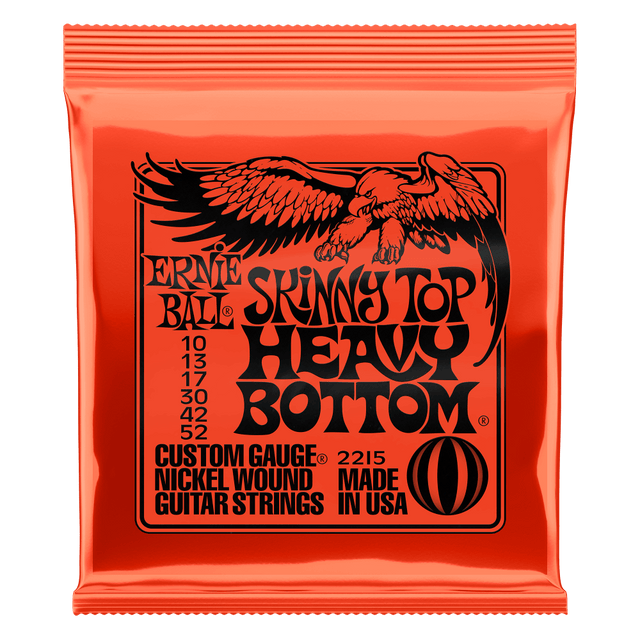Ernie Ball Skinny Top Heavy Bottom guitar strings orange packaging with an eagle logo on a white background