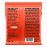 Back of orange guitar string packaging with text and branding on a black background
