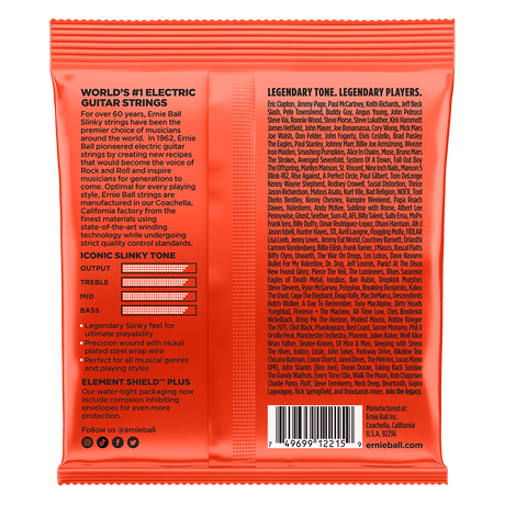 Back of orange guitar string packaging with text and branding on a black background
