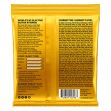 Yellow packaging of Ernie Ball electric guitar strings with text and branding.
